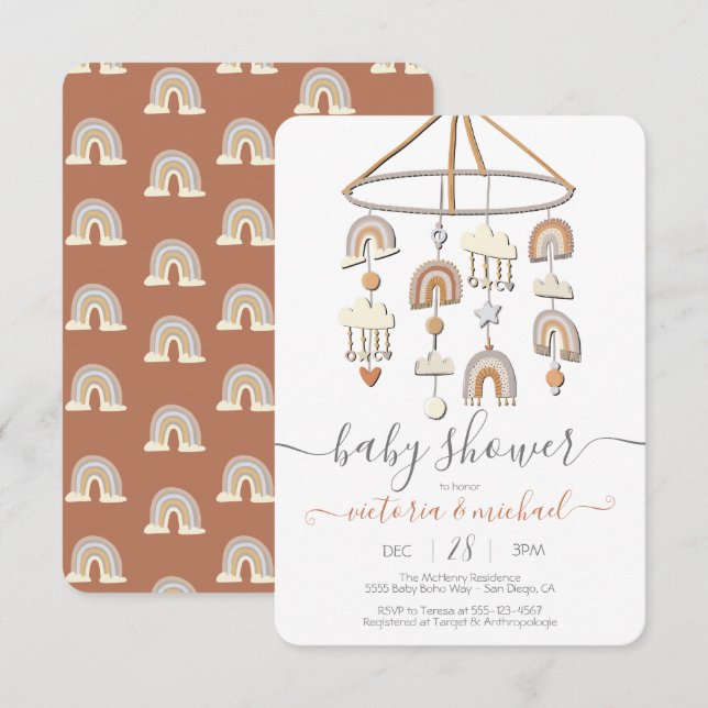Boho Scandi Rainbow Mobile Baby Shower Inbjudningar (Fram/baksida)