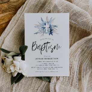 boho script blue blommigt kor baptism inbjudningar