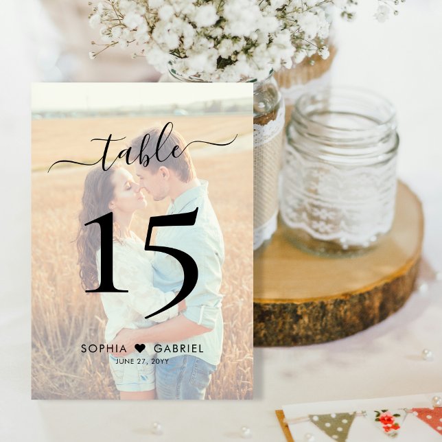 Boho Script Heart Photo Bröllop Dubbla Side Bordsnummer (Skapare uppladdad)