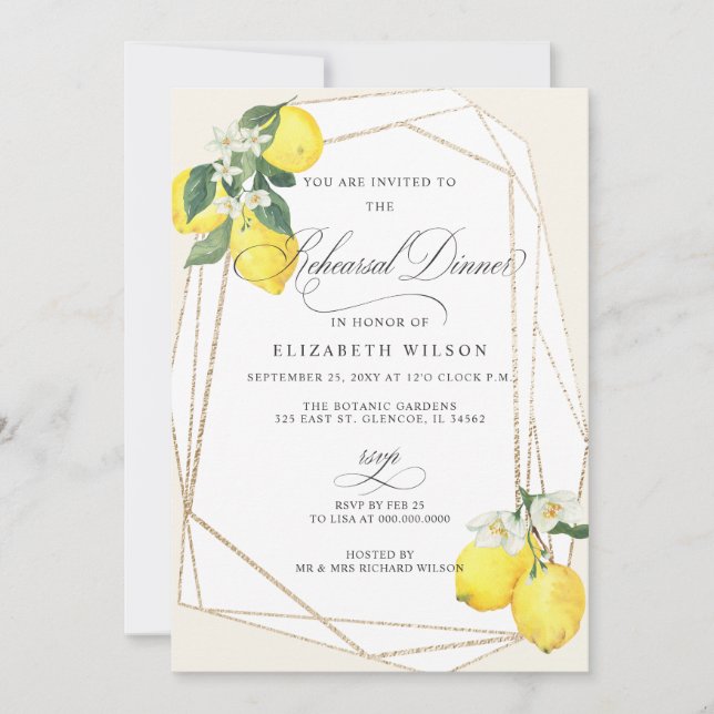Boho Script Lemon Citrus Summer Rehearsal Dinner Inbjudningar (Framsida)