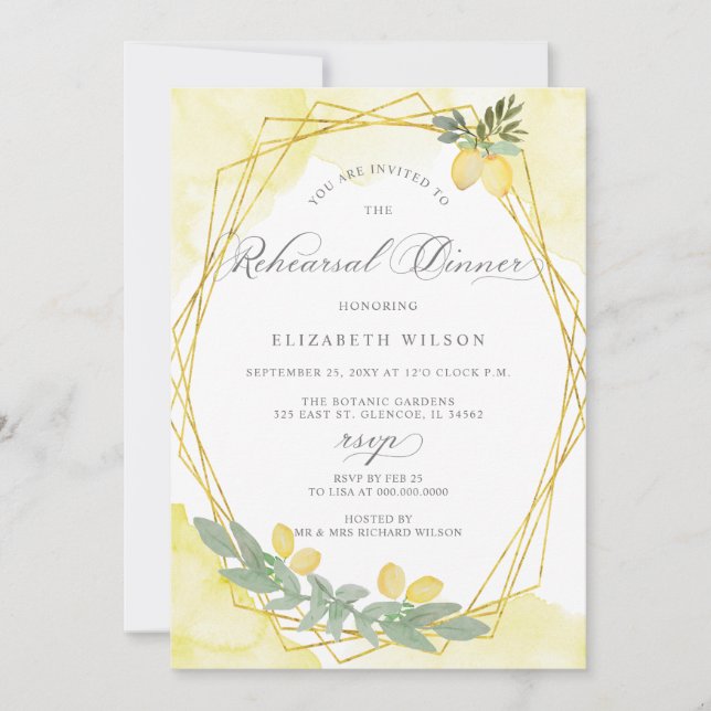 Boho Script Lemon Citrus Summer Rehearsal Dinner Inbjudningar (Framsida)