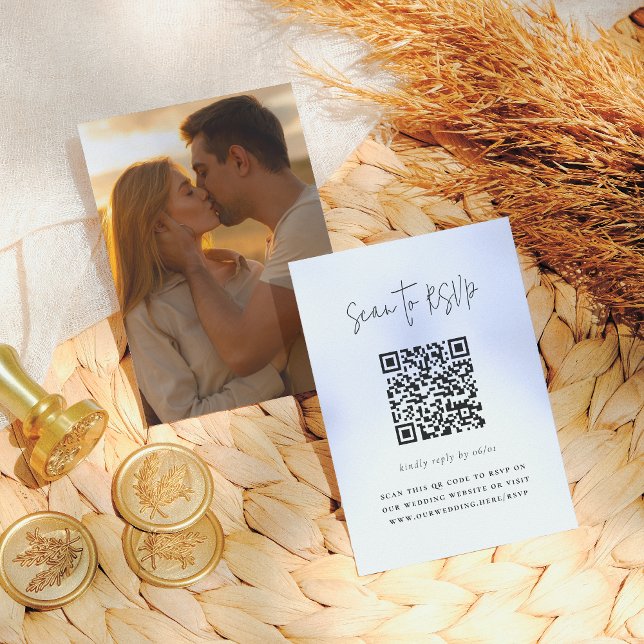 Boho Script Modern QR-kod Foto Bröllops-svar Tilläggskort (Skapare uppladdad)