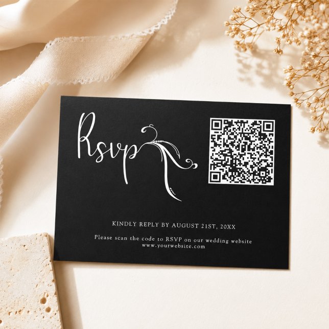 Boho Script Svart Bröllop QR-kod Budget RSVP-kort Anteckningskort (Skapare uppladdad)