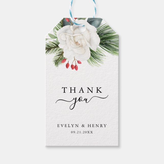 Boho Script Typography Evergreen Bröllop Tack Presentetikett (Framsidan)