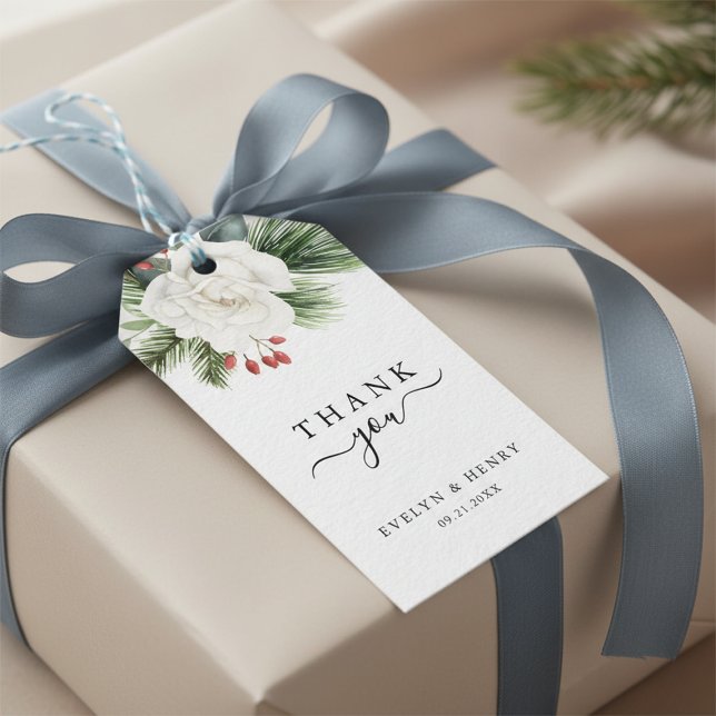 Boho Script Typography Evergreen Bröllop Tack Presentetikett (Skapare uppladdad)