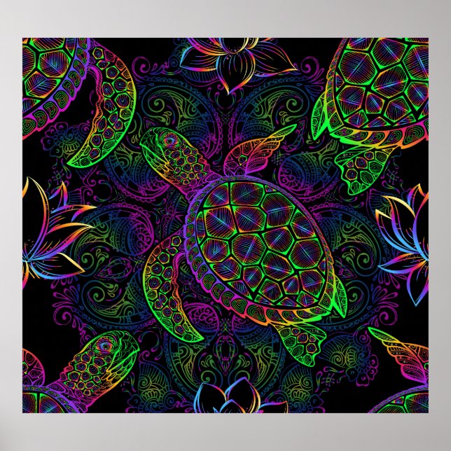 Boho Sea Turtle: Psychedelic Mandala Mönster Poster (Framsidan)