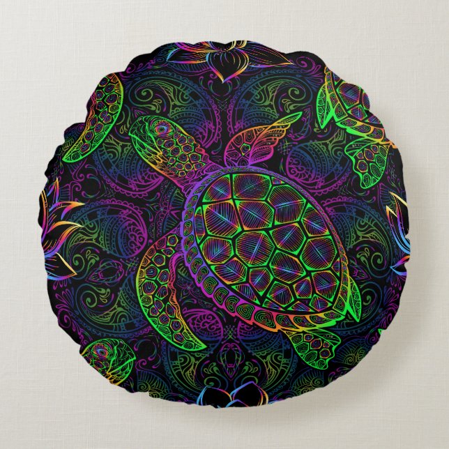 Boho Sea Turtle: Psychedelic Mandala Mönster Rund Kudde (Framsidan)