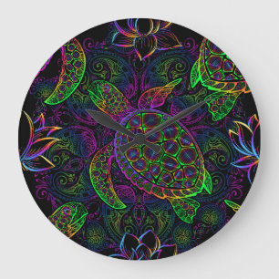 Boho Sea Turtle: Psychedelic Mandala Mönster Stor Klocka