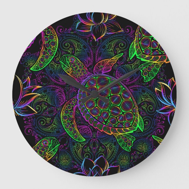 Boho Sea Turtle: Psychedelic Mandala Mönster Stor Klocka (Framsida)