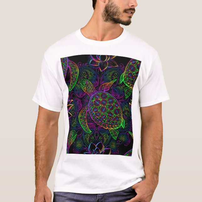 Boho Sea Turtle: Psychedelic Mandala Mönster T Shirt (Framsida)