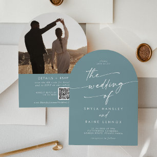 Boho Seafoam Teal Photo QR Code Arch Bröllop Inbjudningar