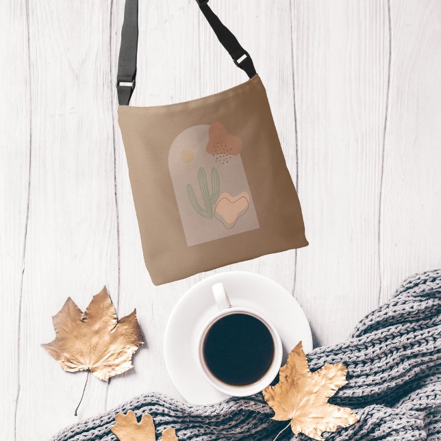 Boho Shapes Abstrakt Beige Terracotta Sol Cactus Axelväska (Boho Abstract Shapes Brown Tan Green Peach Cactus Cross body hand bag.)