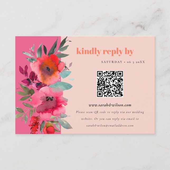 Boho Shock rosa Blommigt Bröllop QR-kodning OSA Tilläggskort (Framsida)