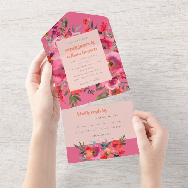 Boho Shock rosa Orange Watercolor Blommigt Bröllop (Avrivbar del)