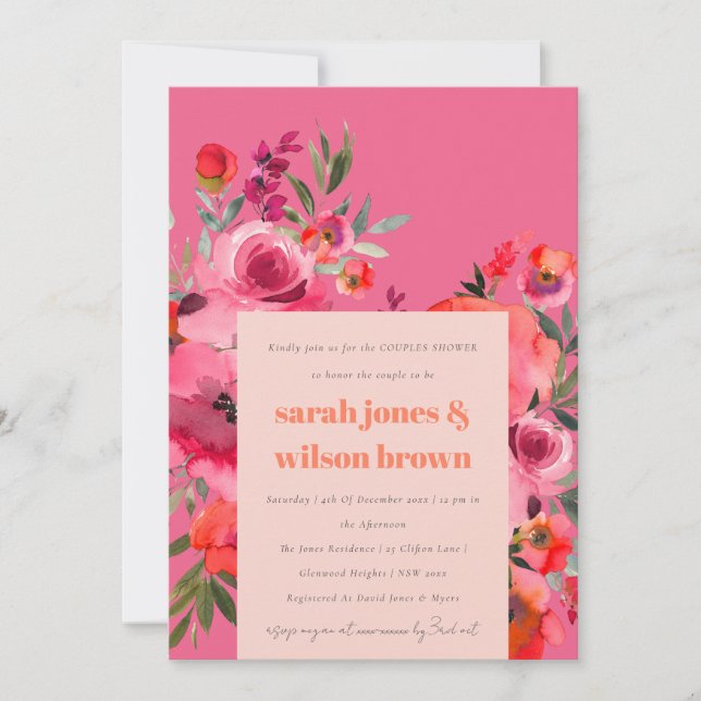 Boho Shock rosa Watercolor Blommigt Par Shower Inbjudningar (Framsida)