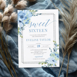 Boho silver geometric blue blommigt sweet sixteen inbjudningar