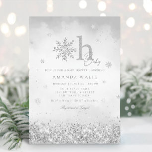 Boho Silver Glitter Snowflake Winter Baby Shower Inbjudningar