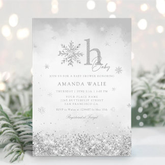Boho Silver Glitter Snowflake Winter Baby Shower Inbjudningar