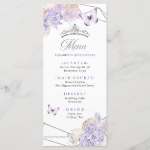 Boho Silver Lila Blommigt Butterfly Quinceañera Meny