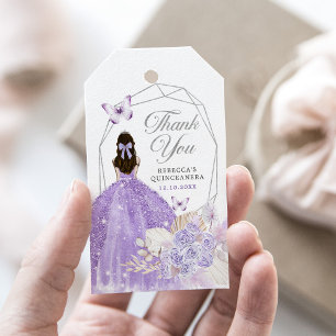Boho Silver Lila Blommigt Butterfly Quinceañera Presentetikett