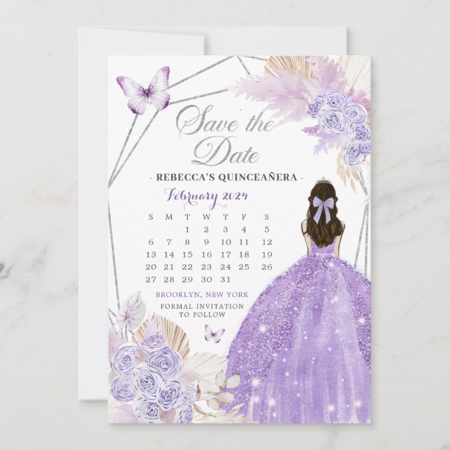 Boho Silver Lilac 15 Años sparar datumkalender Inbjudningar (Framsida)