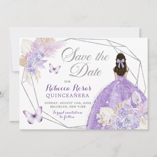 Boho Silver Lilac-Blommigten Quinceañera sparar da Inbjudningar (Framsida)