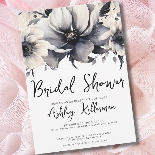 Boho Simple Modern Blommigt Möhippa Inbjudningar (Boho Elegant Floral Black White Bridal Shower Invitation)