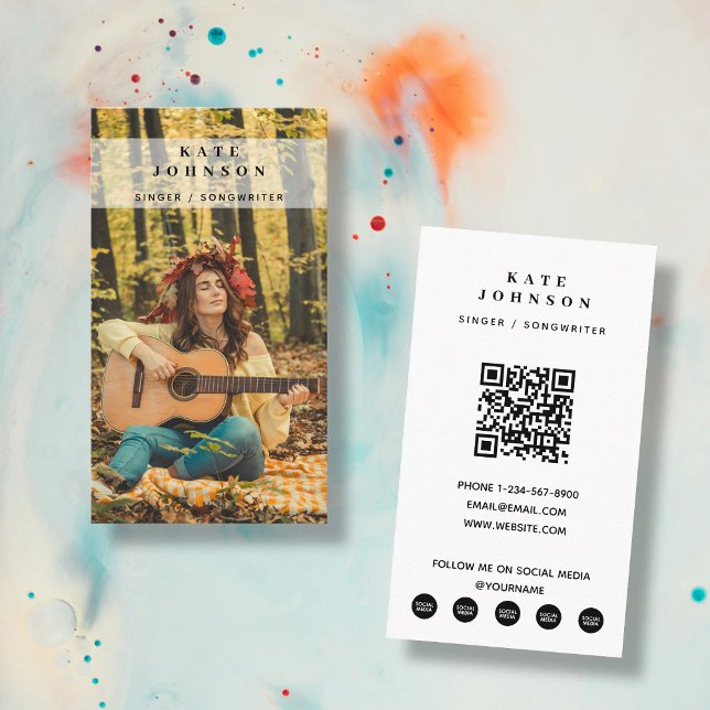 Boho Singer Musician Photo Social Media QR-kod Visitkort (Boho Singer Musician Photo Social Media QR Code Business Card)