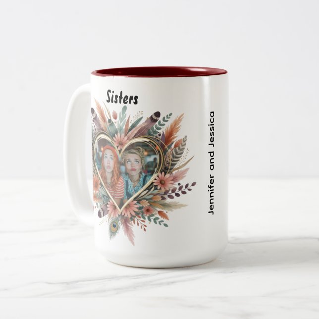 Boho Sister Mug with Floral Heart & Names Mugg (Framsida vänster)