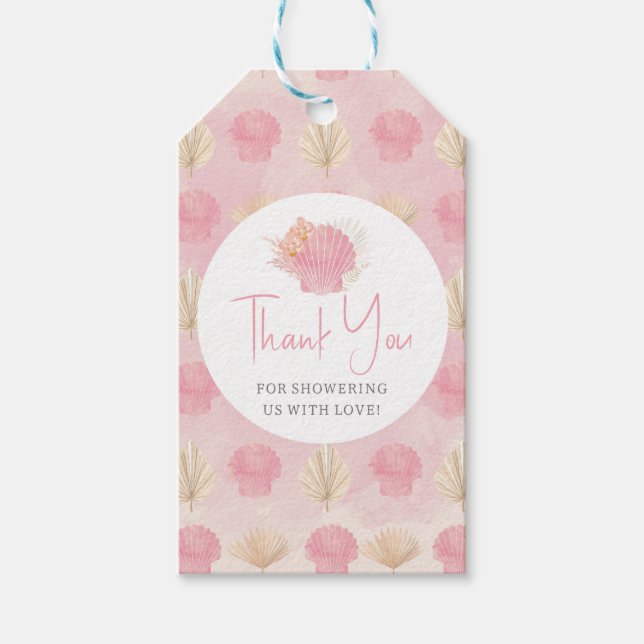 Boho Skal Rosa Hav Babyfirande Presentetikett (Framsidan)