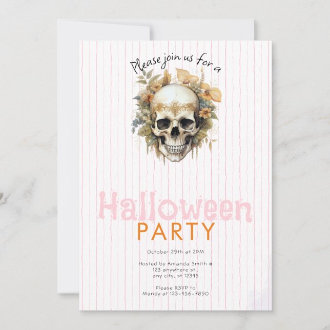 Boho Skalle Blommig Rosa Randig Halloweenfest Inbjudningar (Framsida)