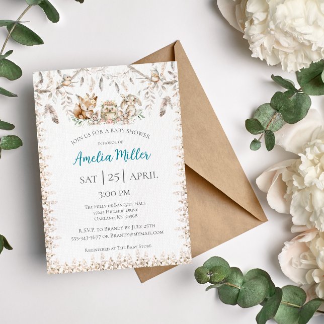 Boho Skog Djur Baby Shower Inbjudan (Woodland Babies Boho Forrest Baby Shower Invitation)