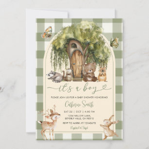 Boho skog vilda djur baby shower Grön Gingham Inbjudningar