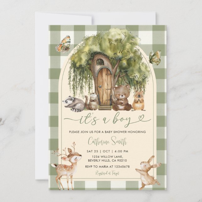 Boho skog vilda djur baby shower Grön Gingham Inbjudningar (Framsida)