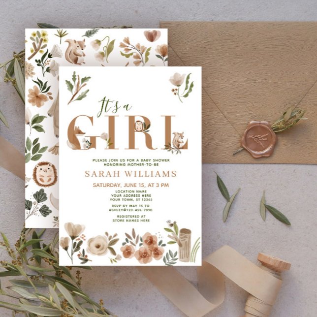 Boho Skogs Djur Det är en Flicka Barnkalas Inbjudningar (Skapare uppladdad)