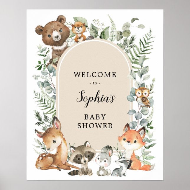 Boho skogs djur grönska baby shower välkomstskylt poster (Framsidan)