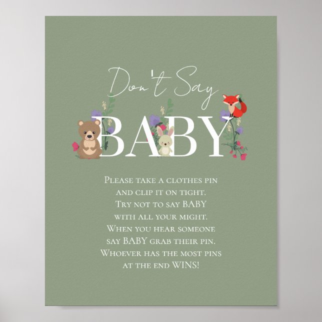 Boho Skogs Djur Salvia Grön Bebis Shower Poster (Framsidan)
