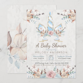 BOHO Skogsblomma Enhörning Bebis Shower Blå Inbjudningar