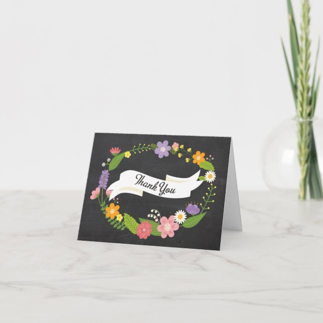 Boho skogskrans på svart tavla bröllop tack kort (Framsida)