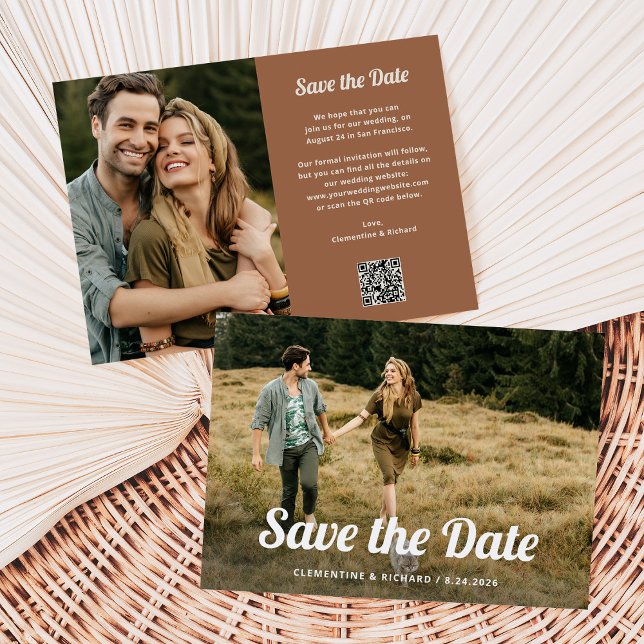 Boho-skript | Två foto- och QR-koder Spara Datumet (A trendy, retro save the date card with two photos and a scannable QR code)