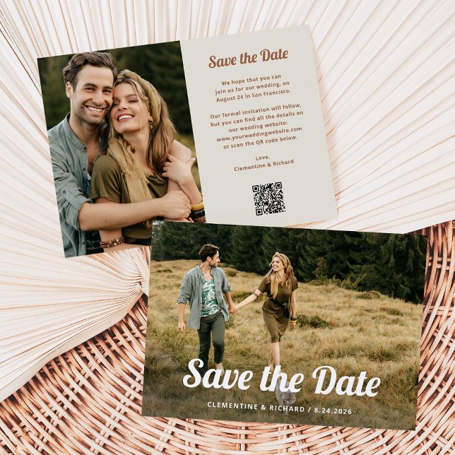 Boho-skript | Två foto- och QR-koder Spara Datumet (A trendy, retro save the date card with two photos and a scannable QR code)