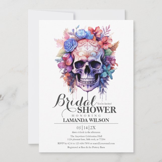 Boho Skull Gothic Watercolor Blommigt Möhippa Inbjudningar (Framsida)