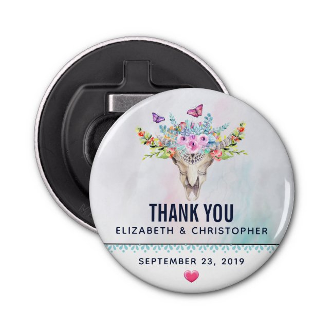 Boho Skull med Blommigt Bouquet Bröllop Flasköppnare (Framsidan)