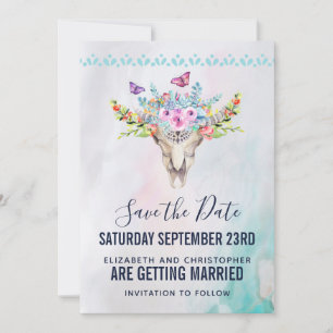 Boho Skull med Blommigt Bouquet Bröllop Spara Datumet