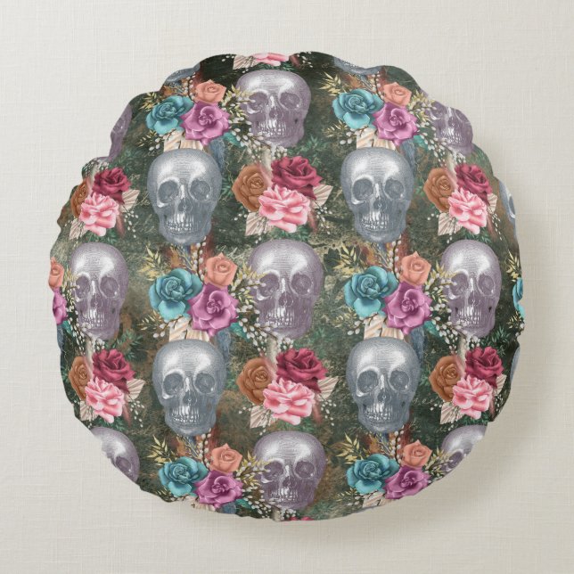 Boho Skull med blommor Rund Kudde (Framsidan)