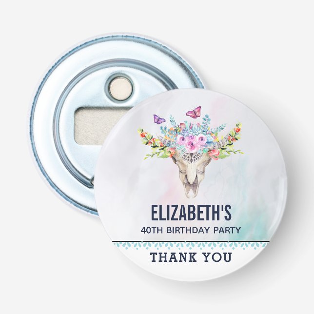 Boho Skull med Butterflies och Flowers Birthday Flasköppnare (Framsidan)