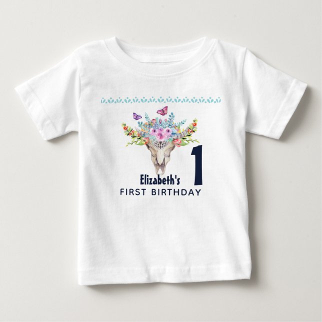 Boho Skull med Butterflies och Flowers Birthday T Shirt (Framsida)