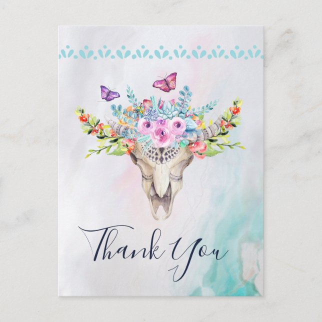 Boho Skull med Butterflies och Flowers Tack Vykort (Framsida)