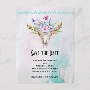 Boho Skull med en Blommigt Bouquet Spara datumet Vykort