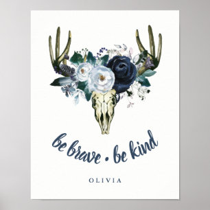 Boho Skull och Blue Peonies Var Modig, var vänli Poster
